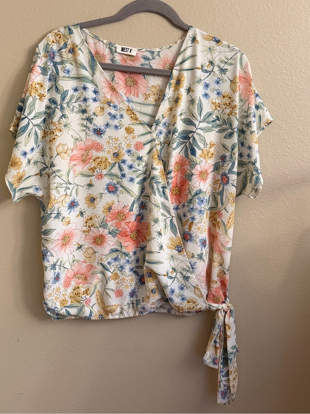 West K Floral Wrap Tie Blouse - White with Pink & Blue Blooms